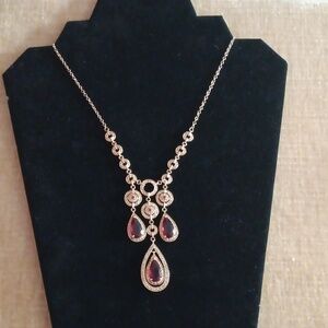 Gold Tone Garnet Dangle Tear Drop Necklace